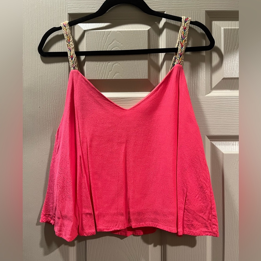 Hot pink crop top with woven rainbow straps